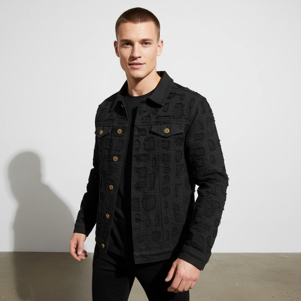 Patchwork Distressed Denim Jacket  - CENTURY PENTHOUSE BLACK