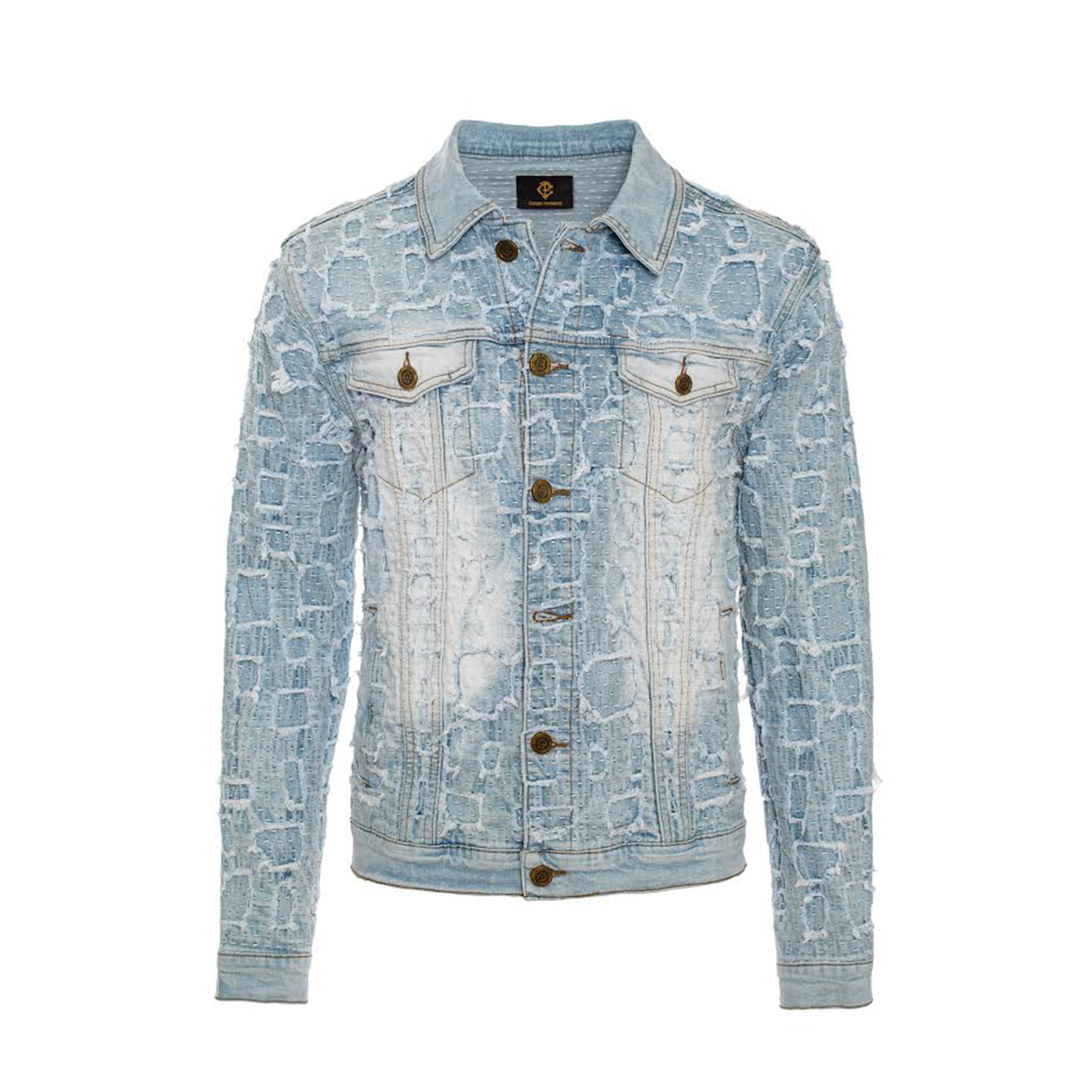 Patchwork Distressed Denim Jacket  - CENTURY PENTHOUSE LIGHT BLUE