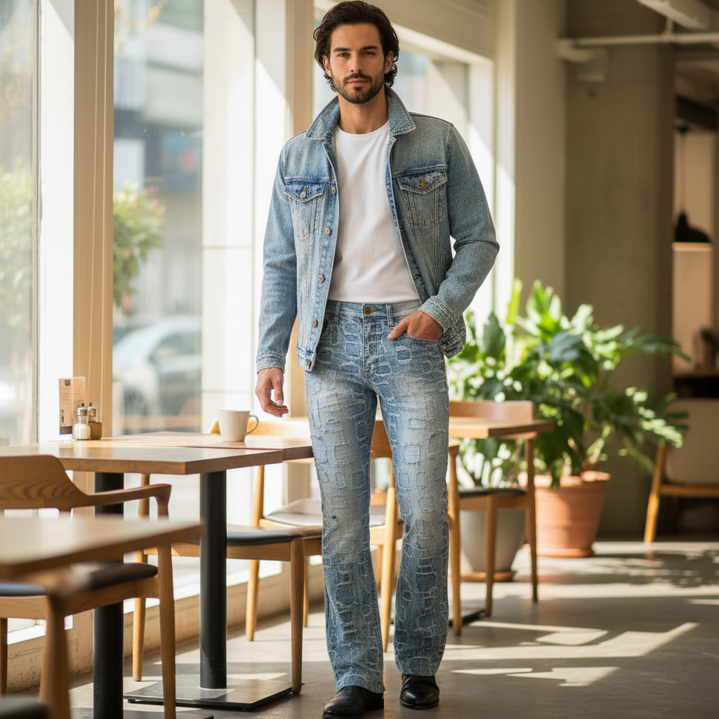 Patchwork Distressed Denim Jeans - Century Penthouse LIGHT BLUE