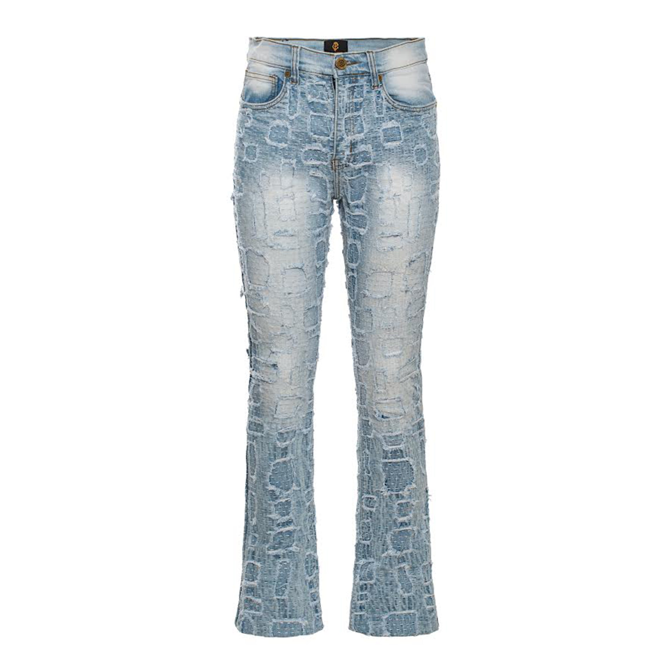 Patchwork Distressed Denim Jeans-LIGHT BLUE
