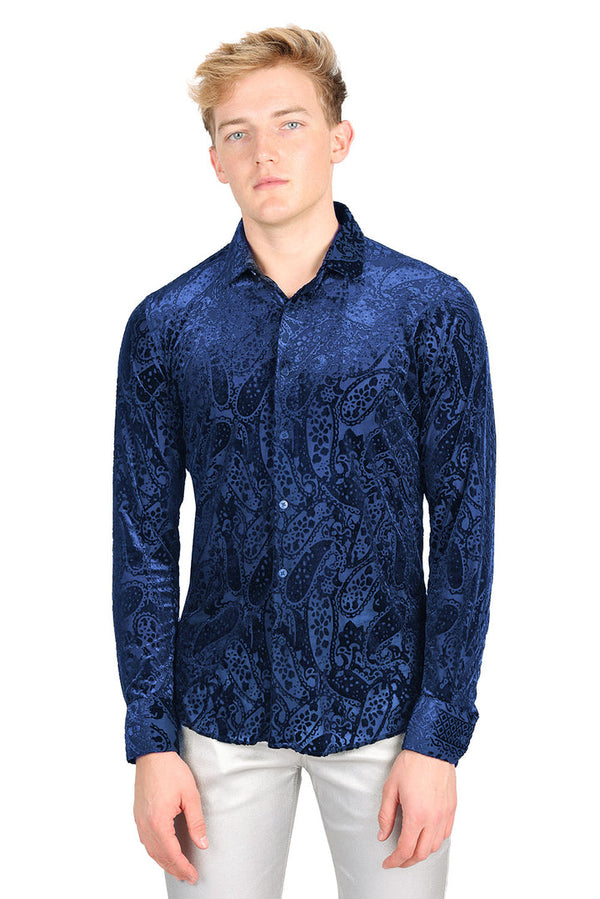 Barabas 2SVL07 Paisley Fashion  Long Sleeve Velevt Shirt Blue