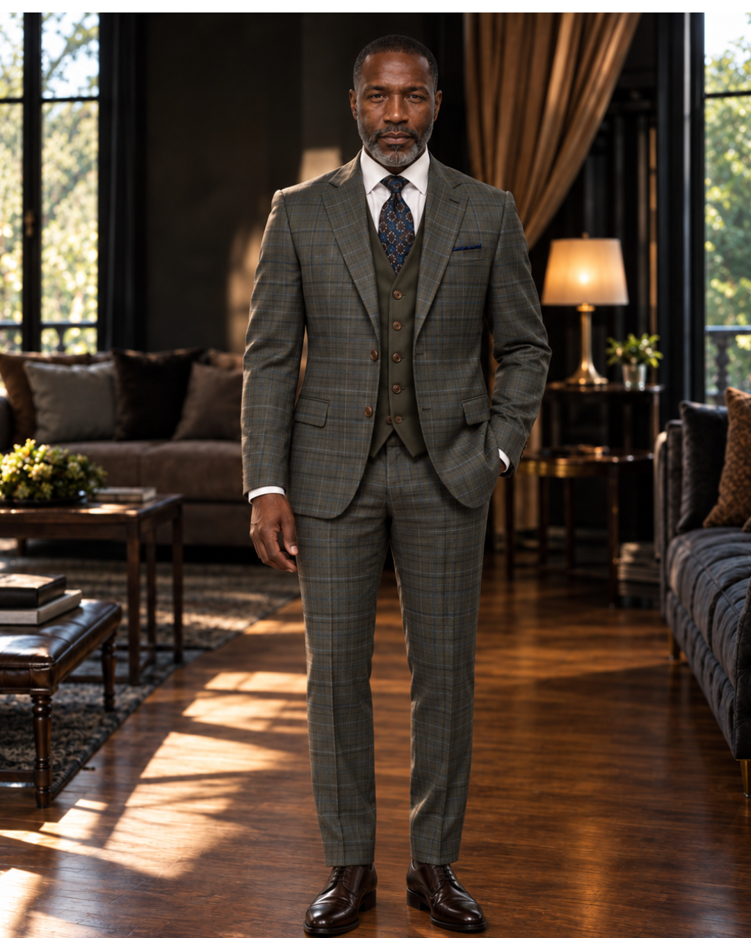 Steve Harvey 226704SHS 3 Pieces Suits Olive Blue Windowpane