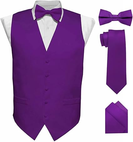 Vittorio Farina Men's Satin Vest, Necktie, Bow Tie and Pocket Square Set  Purple