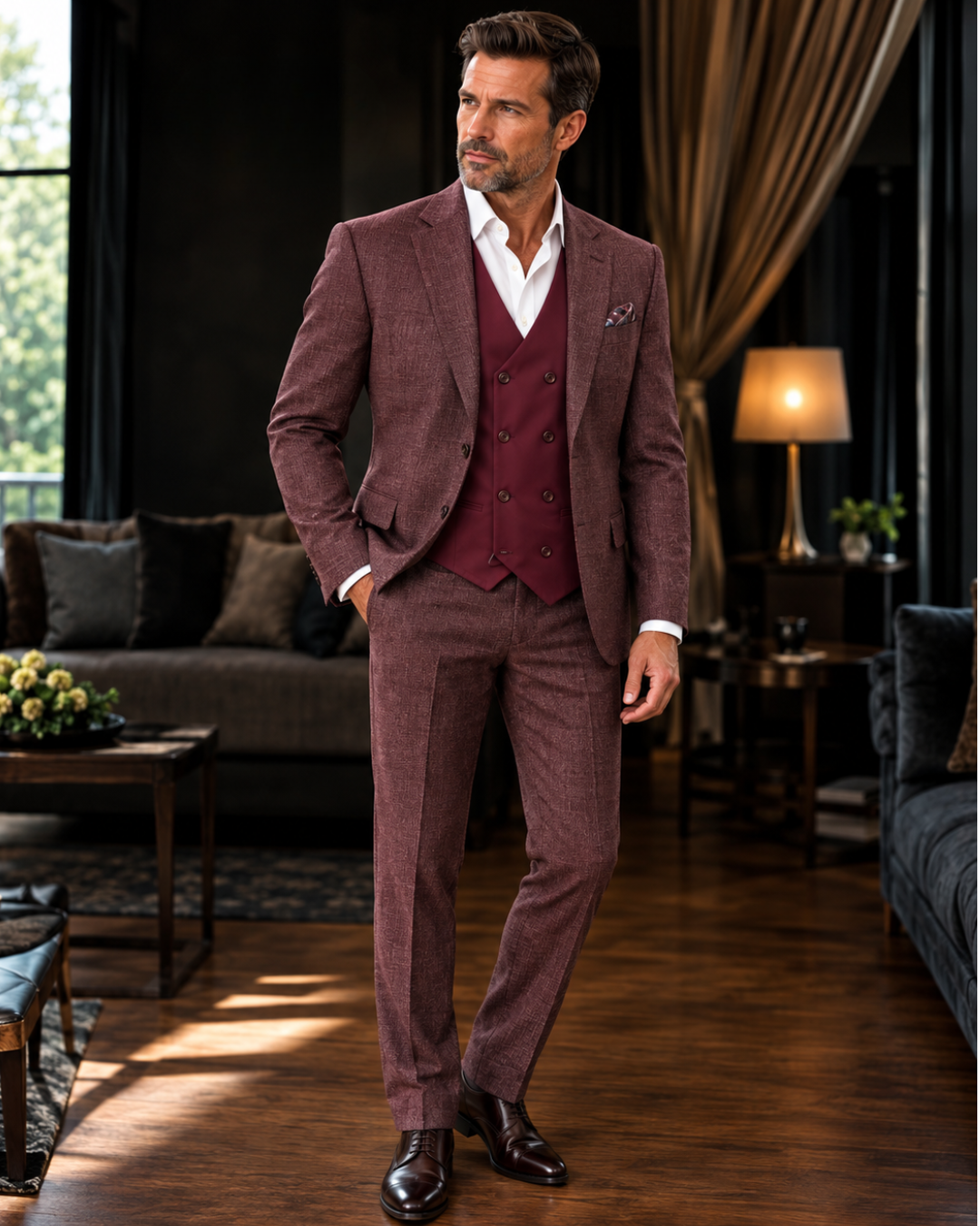 Steve Harvey 226711SHS 3 Pieces Suits Burgundy Check