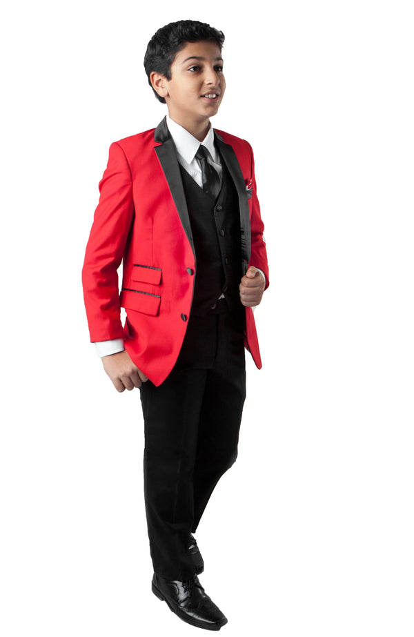 Tazzio Regular Fit Boys Satin Lapel Suit 4pc Set, Red/Black