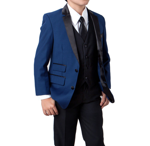 Tazzio Regular Fit Boys Satin Lapel Suit 4pc Set, Blue/Black