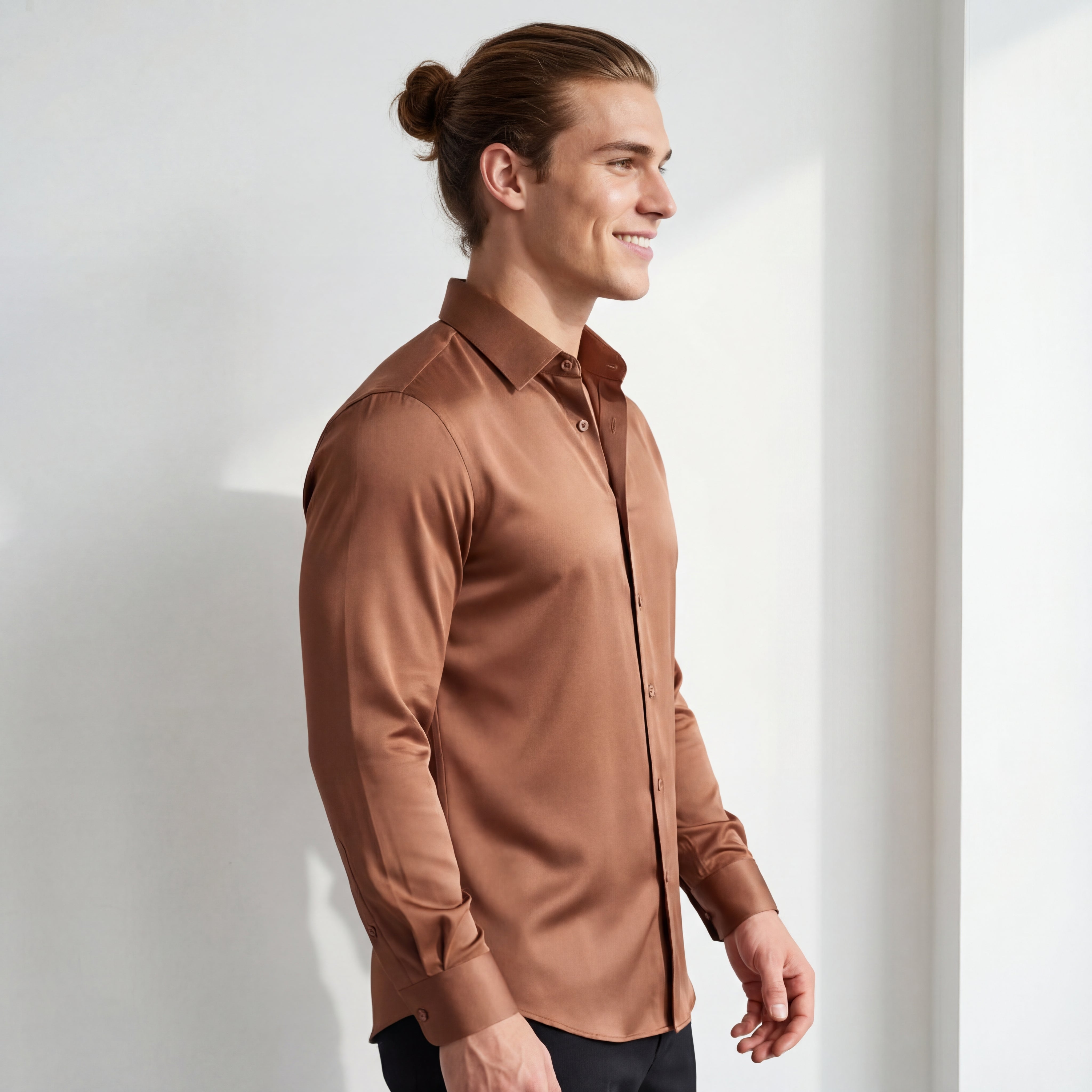 SIGNITURE SATIN STITCHLESS LS Shirt COFFEE