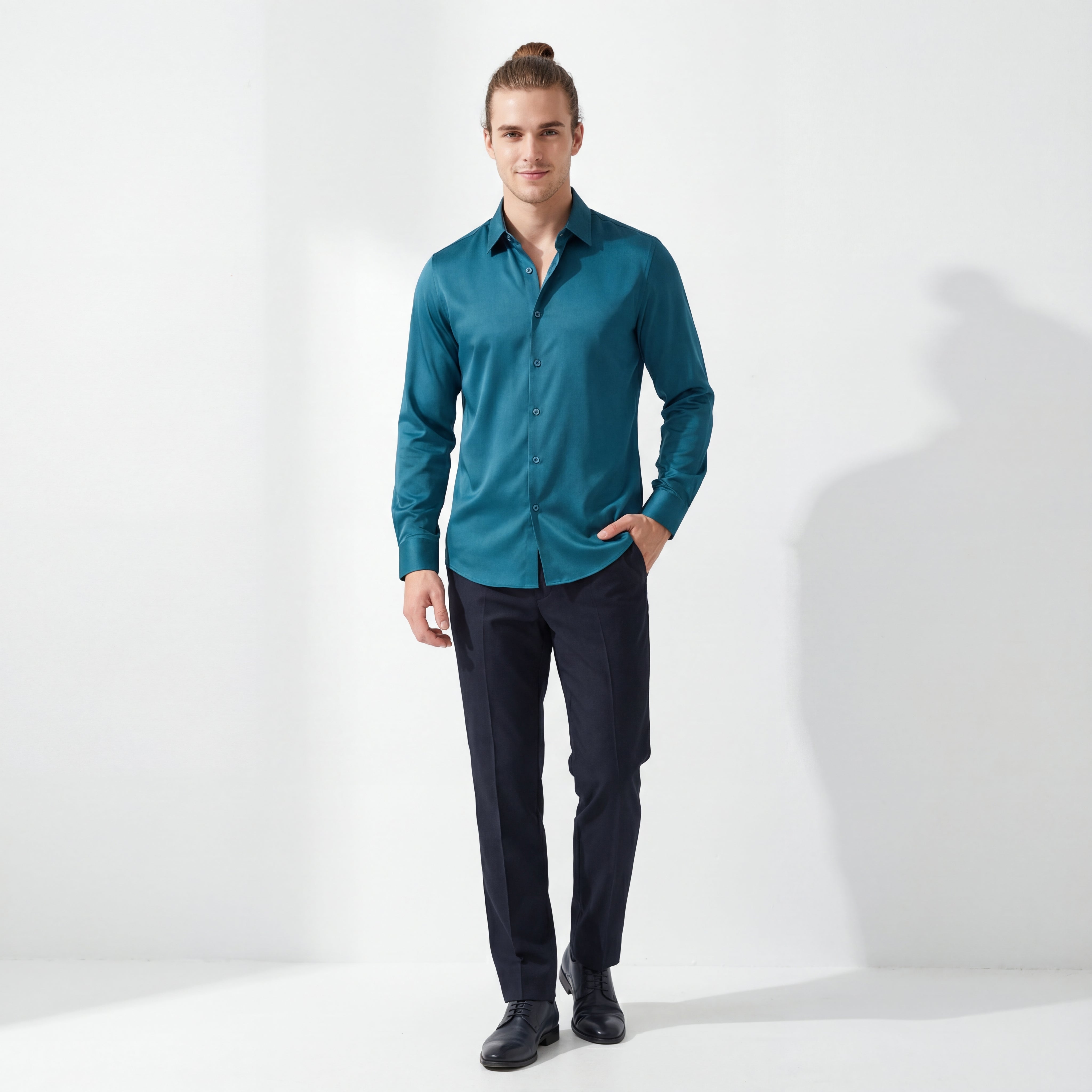 SIGNITURE SATIN STITCHLESS LS Shirt TEAL
