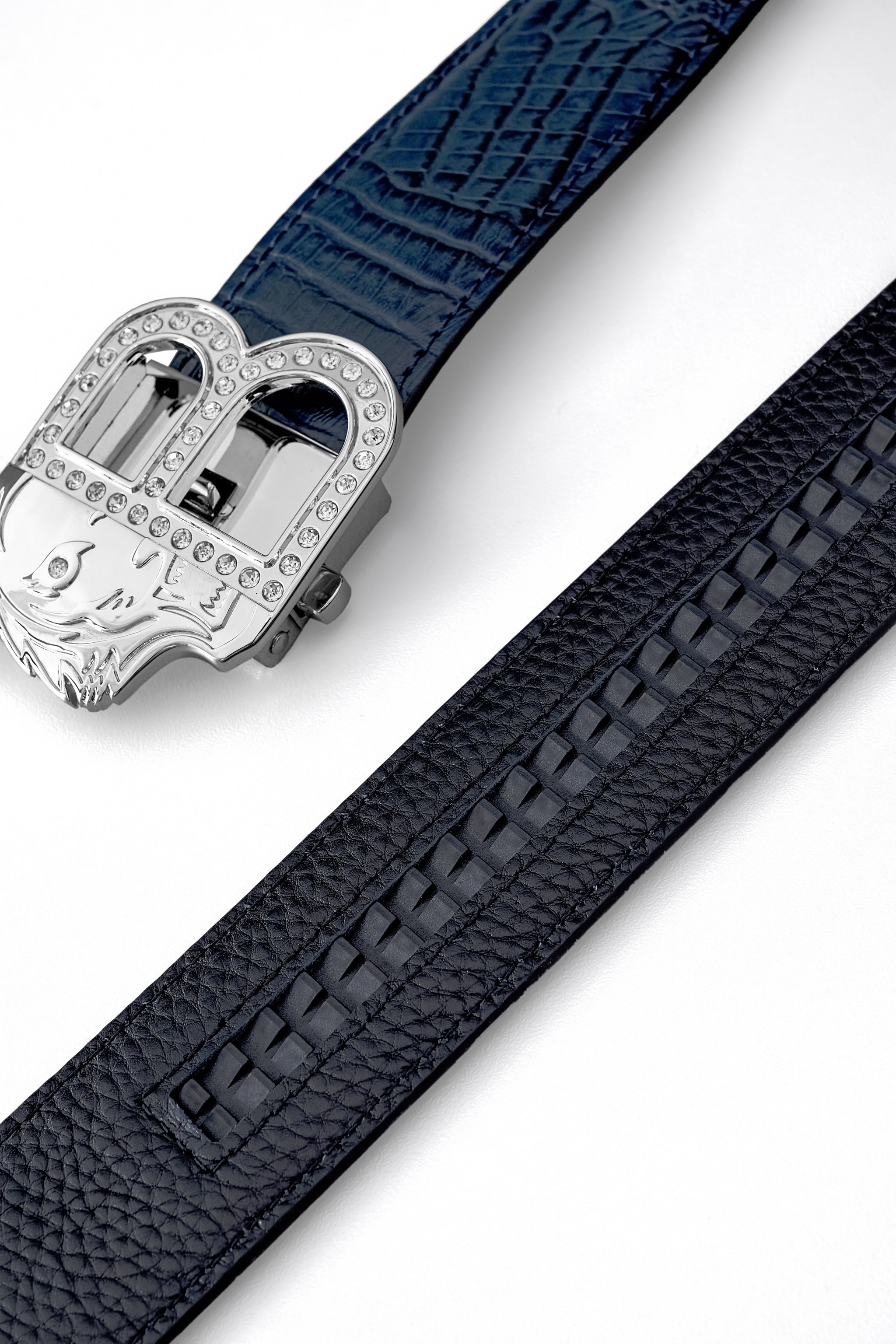 Croc-Embossed Leather Auto BKL Belt – Silver Ed. SILVER/NAVY
