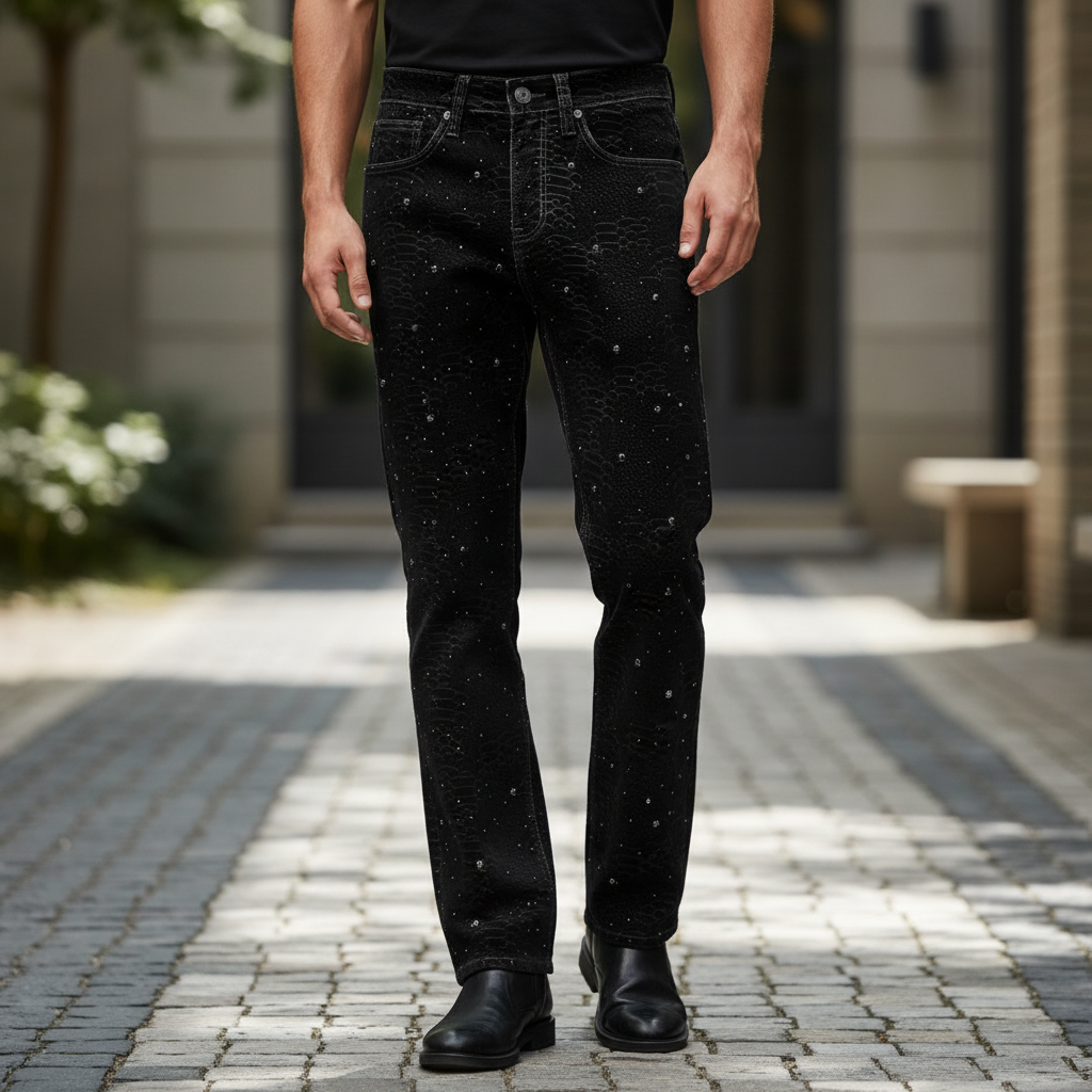 Midnight Serpent Rhinestone Pants - Century Penthouse BLACK