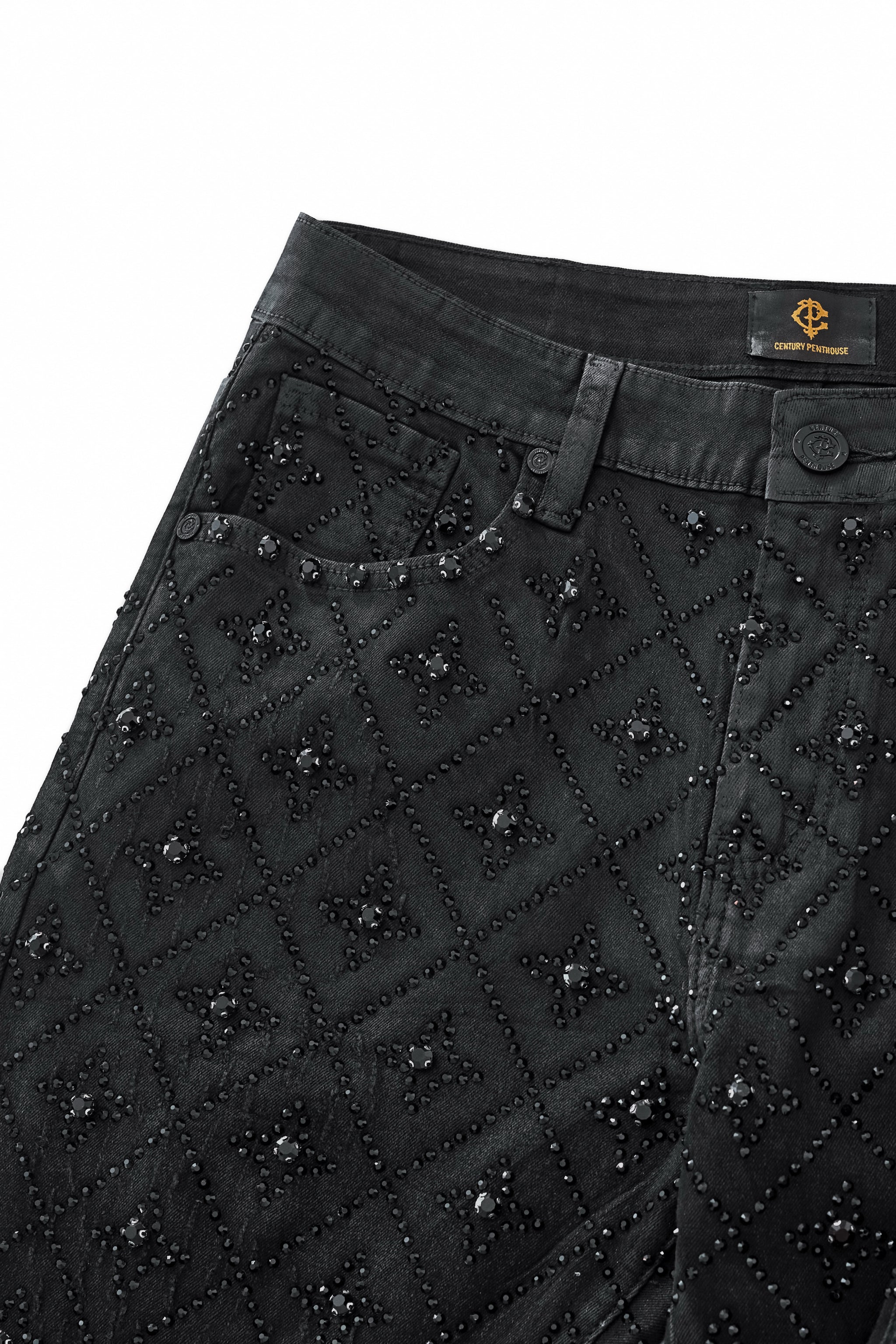 Radiant Embellished Denim Pant – Century Penthouse BLACK