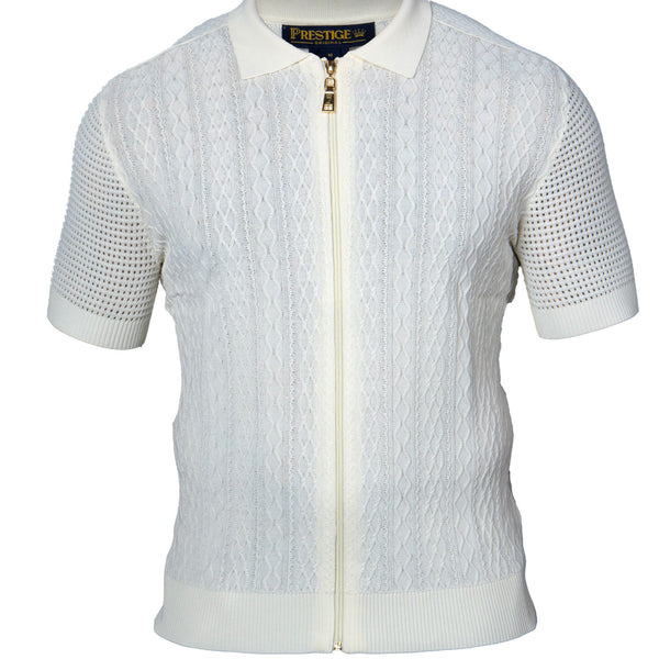 Prestige CMK-388 Full Zip Short Sleeve Knit Cream