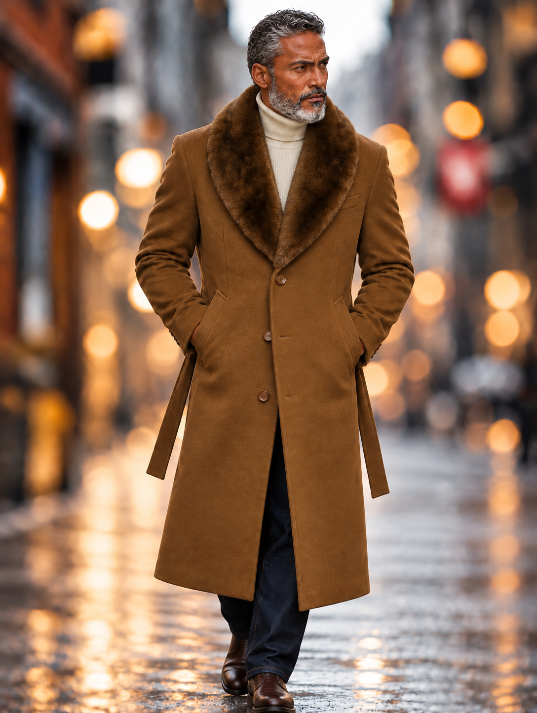 Mazari 9001 Top Coat With Fur Collar Cognac