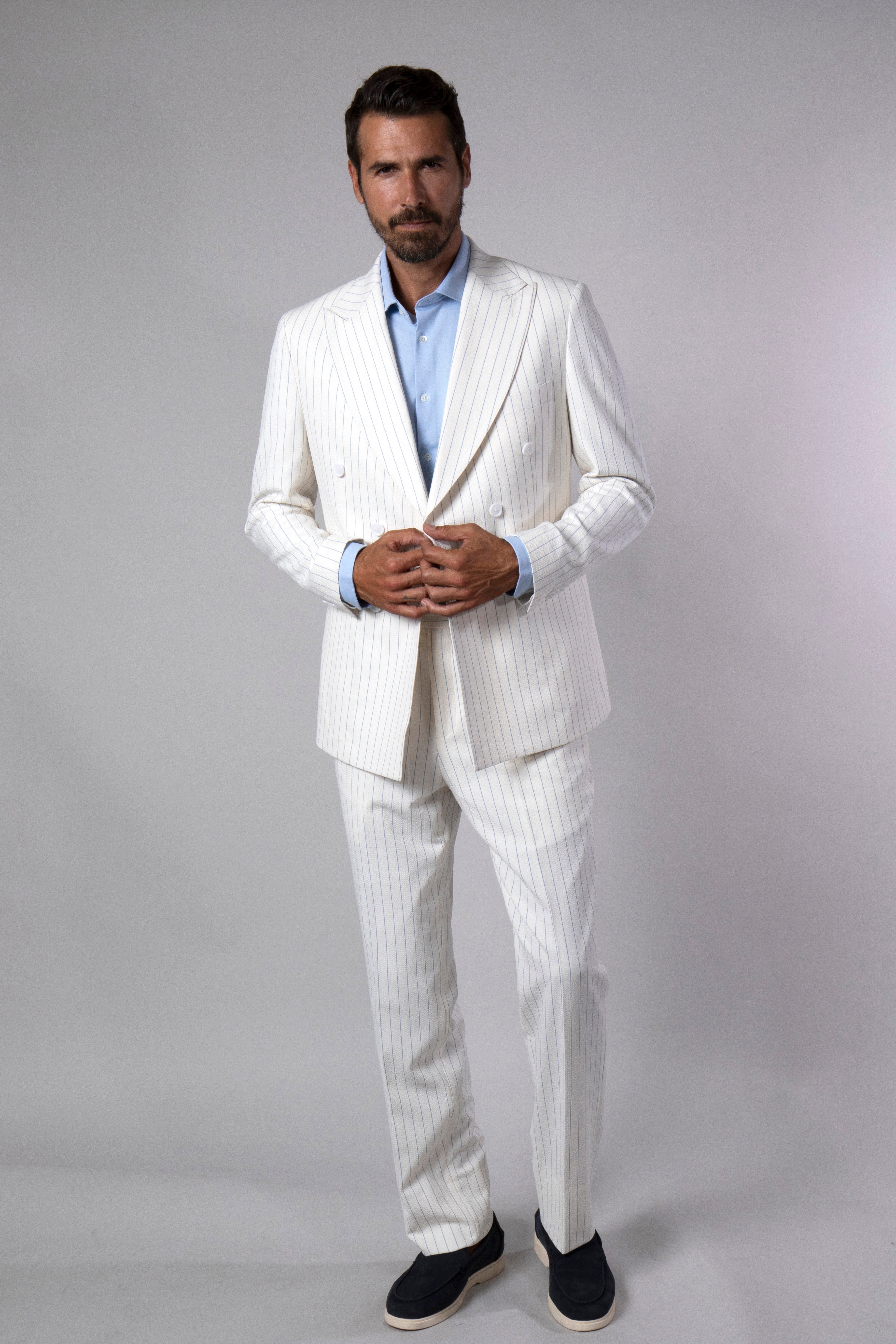 Canuti Cedro C-389 Double Breasted Suit Cream/Blue Pin Strips