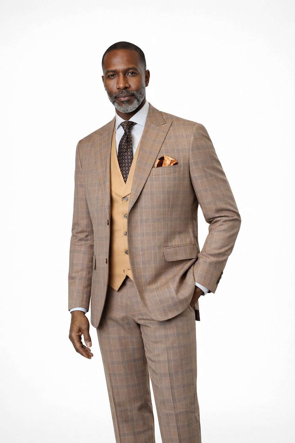 Steve Harvey 126703SHS 3 Pieces Suit Orangy Brown/ Tan Plaid