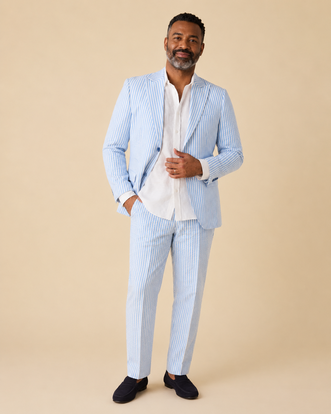 Inserch Men’s Premium Cotton Seersucker Stripe Suit Light Blue