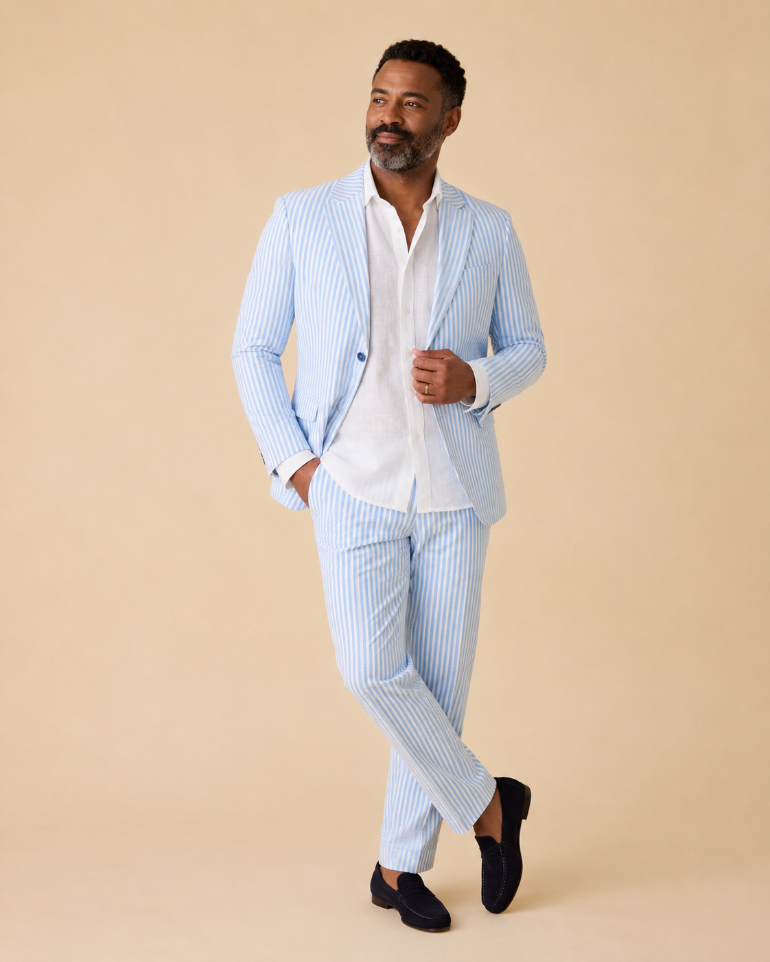 Inserch Men’s Premium Cotton Seersucker Stripe Suit Light Blue