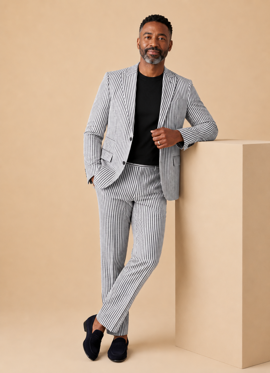 Inserch Men’s Premium Cotton Seersucker Stripe Suit – Black