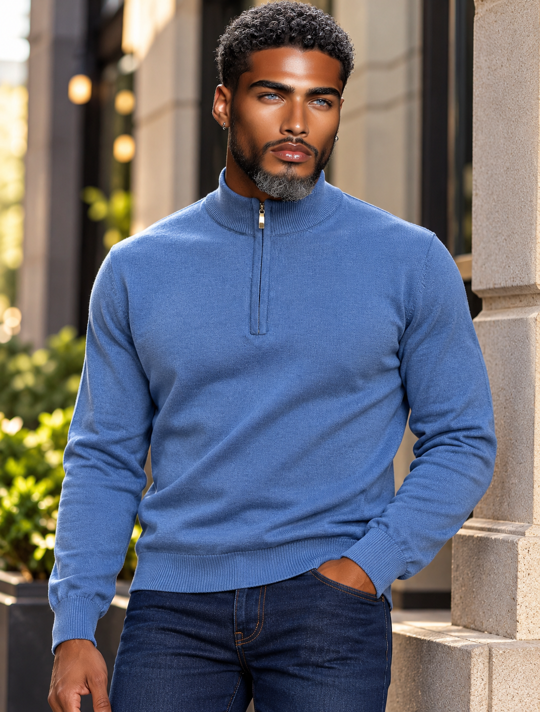 Lavane' 501-Z 1/4 Zip Mock Neck Sweater H Blue
