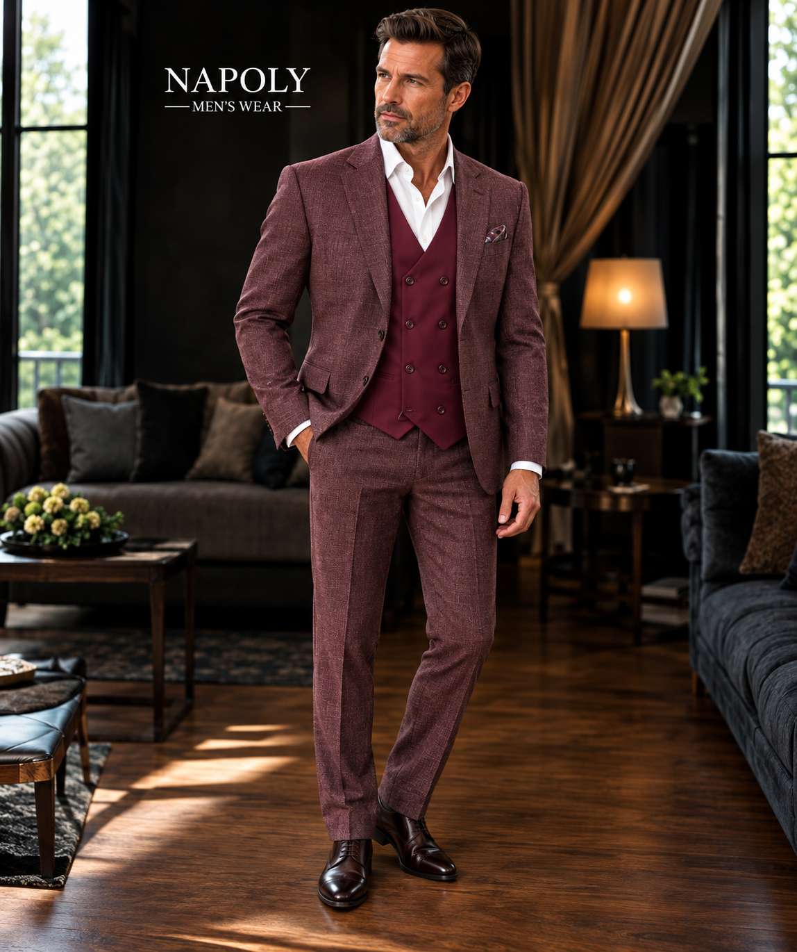 Steve Harvey 226711SHS 3 Pieces Suits Burgundy Check