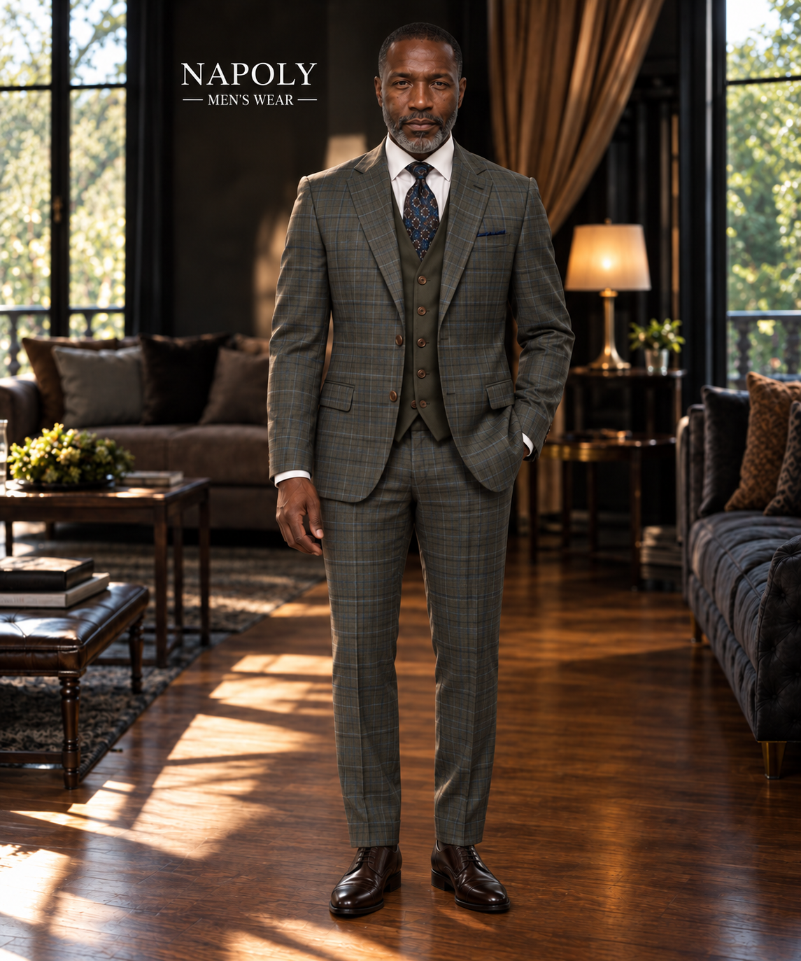 Steve Harvey 226704SHS 3 Pieces Suits Olive Blue Windowpane