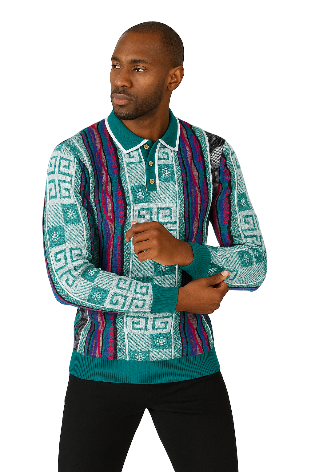 Prestige SW- 689 3-Button Jacquard Sweater Green