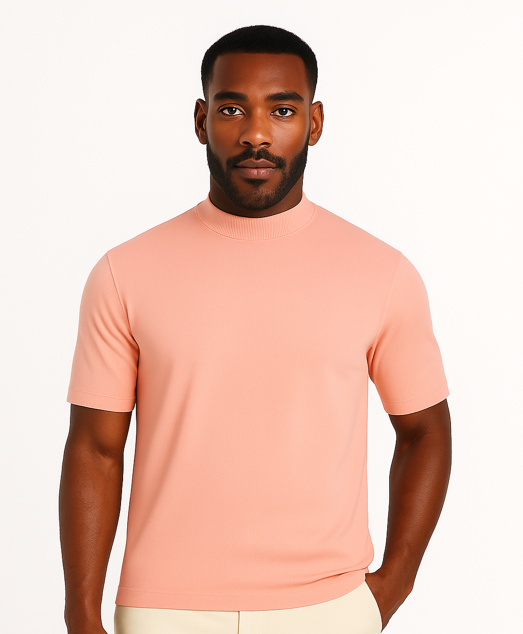 Log-In By Bassiri 218 knit Short Sleeve Mock Neck Peach