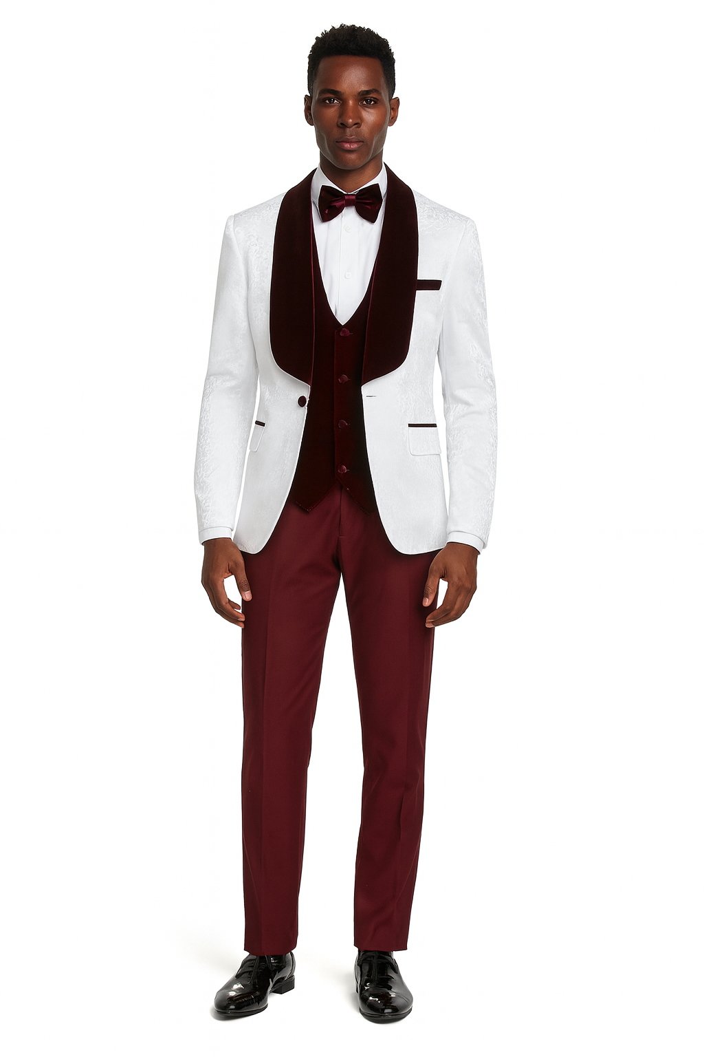Rossi Man RM1480 Slim Fit  3 pcs Tux White/Burgundy