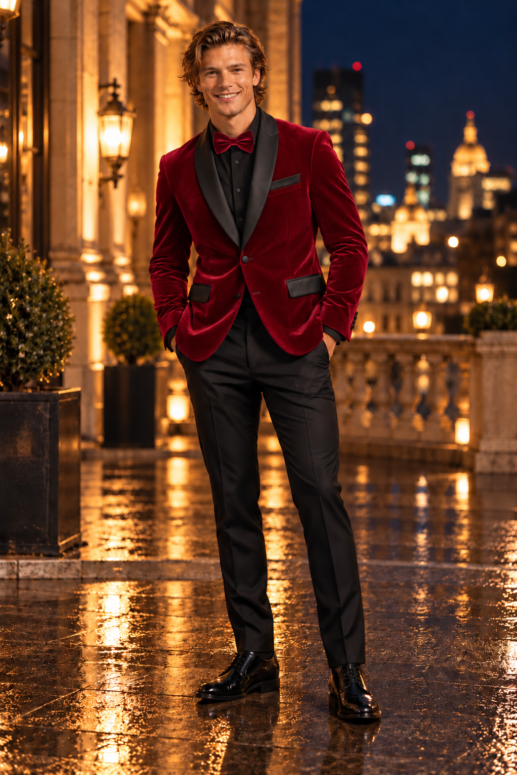 Tazio MJ302S Men’s Blazer in Red with Matching Bow tie.