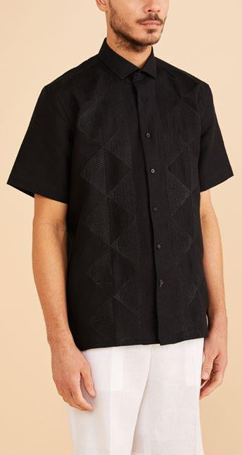 Inserch SS126-01 Short Sleeve Embroidered Linen Shirt Black