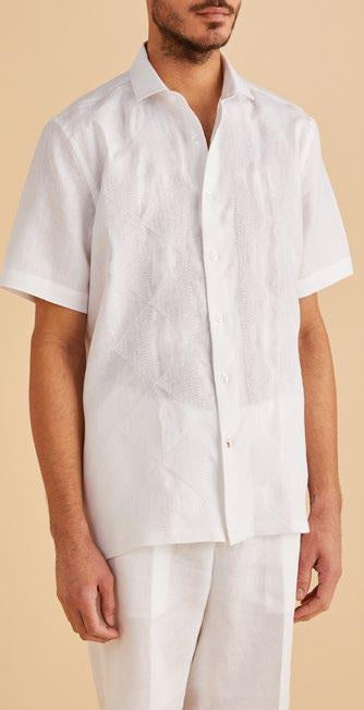 Inserch SS126-02 Short Sleeve Embroidered Linen Shirt White