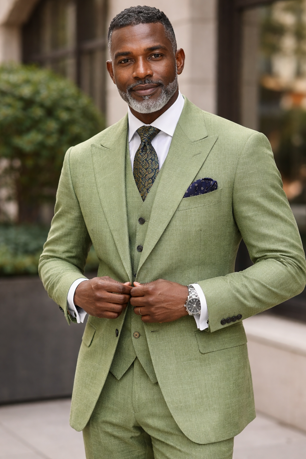 Vitali M7019 3 Pieces Modern Fit Vested Suit Green