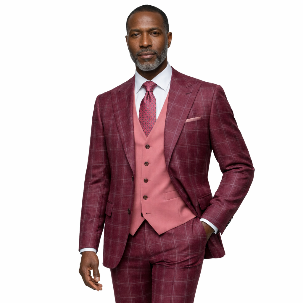 Steve Harvey 126705SHS 3 Pieces Suit Burgundy / Ivory Plaid