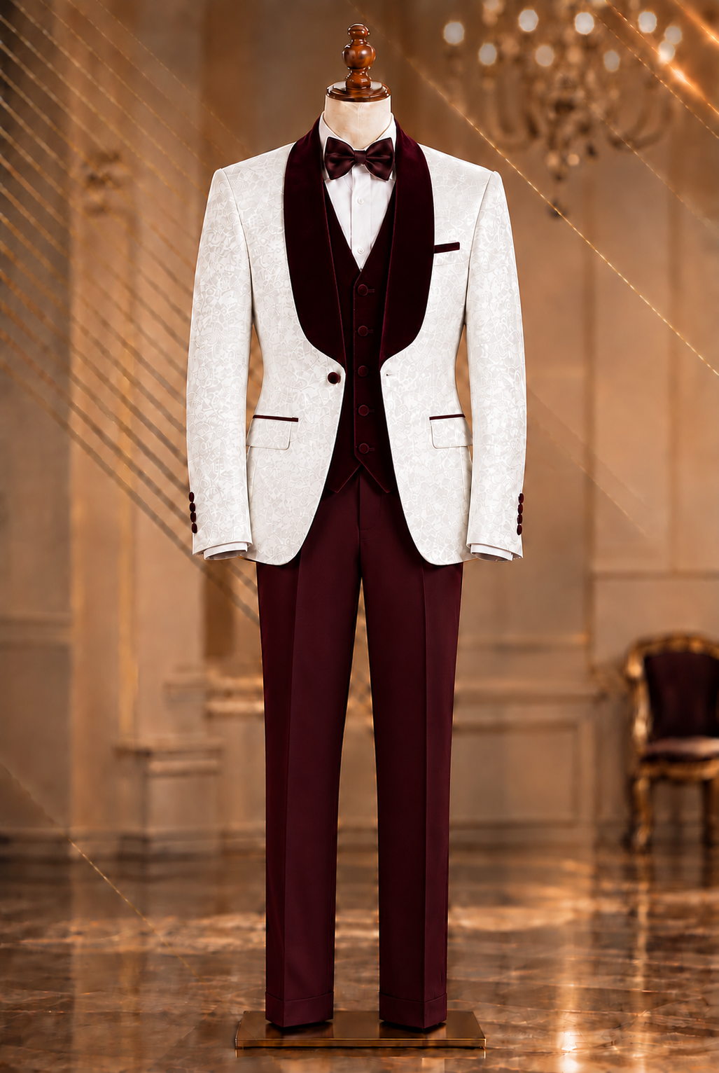Rossi Man RM1480 Slim Fit  3 pcs Tux White/Burgundy