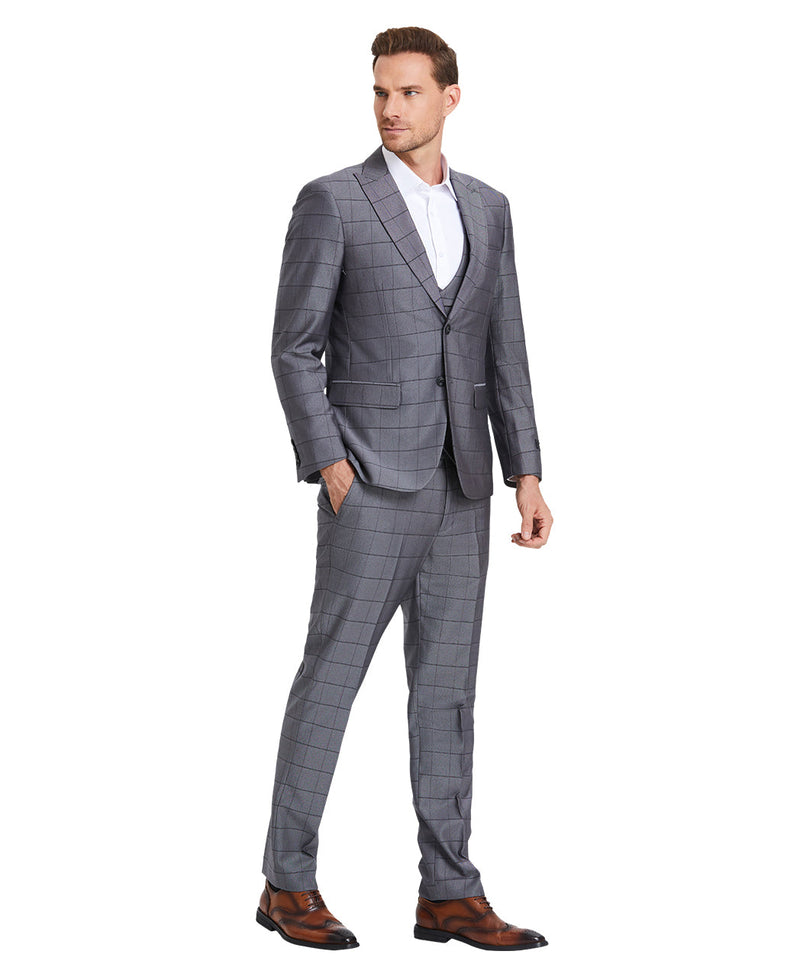 Tazzio Skinny Fit Window Plaid Suit, Double Breast U-Shape Vest, Gunmetal Grey