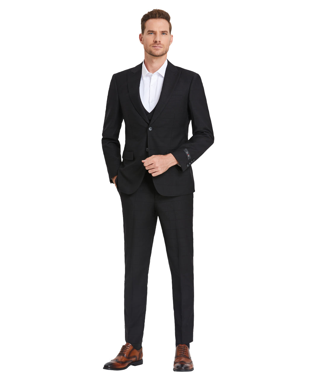 Tazzio Skinny Fit Window Plaid Suit, Double Breast U-Shape Vest, Black