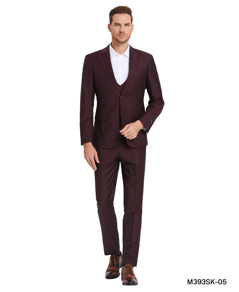 Tazzio Skinny Fit Window Plaid Suit, Double Breast U-Shape Vest, Wine