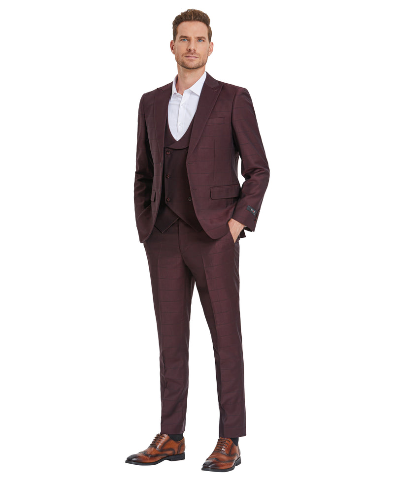 Tazzio Skinny Fit Window Plaid Suit, Double Breast U-Shape Vest, Wine