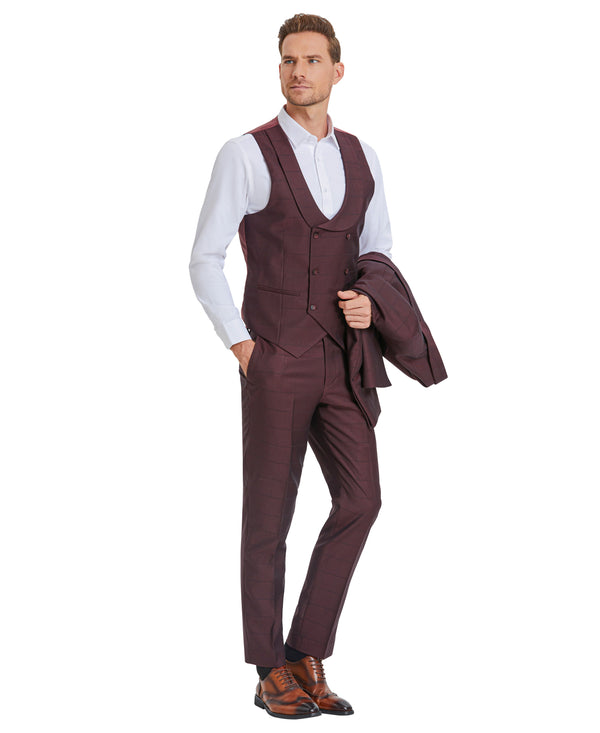 Tazzio Skinny Fit Window Plaid Suit, Double Breast U-Shape Vest, Wine