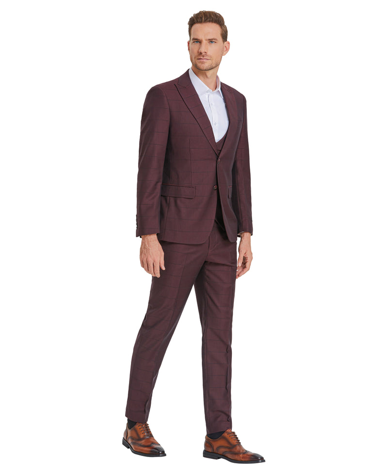 Tazzio Skinny Fit Window Plaid Suit, Double Breast U-Shape Vest, Wine