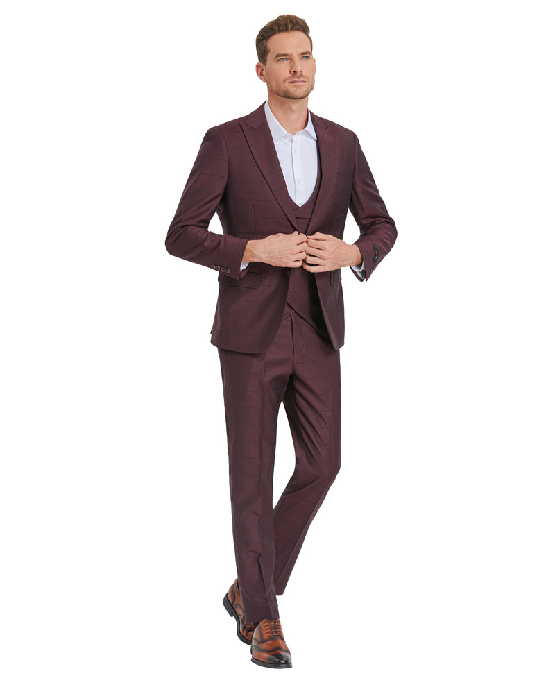 Tazzio Skinny Fit Window Plaid Suit, Double Breast U-Shape Vest, Wine