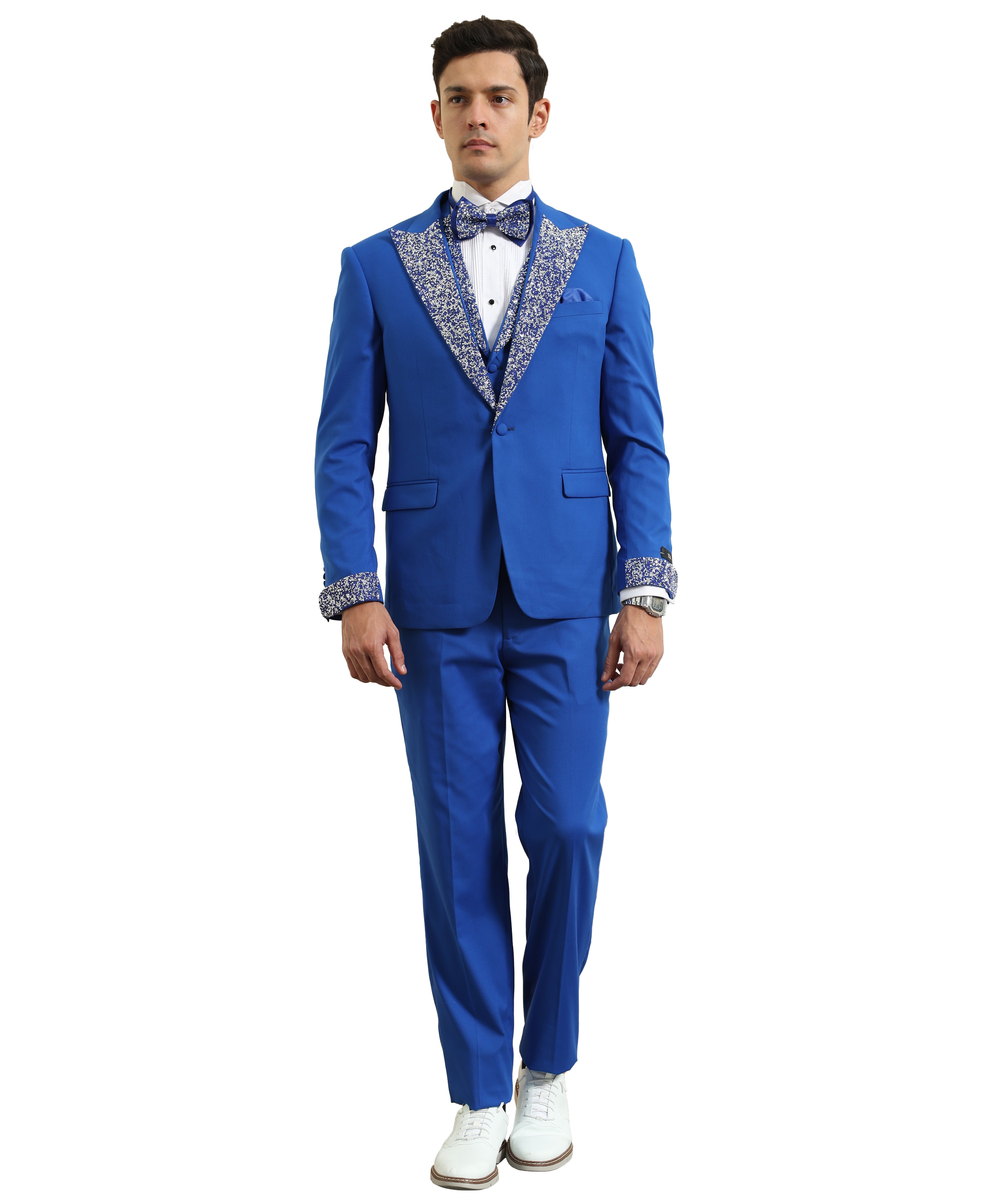 3 PC Solid Satin Rhinestone Peak Lapel Collared Vest Suit