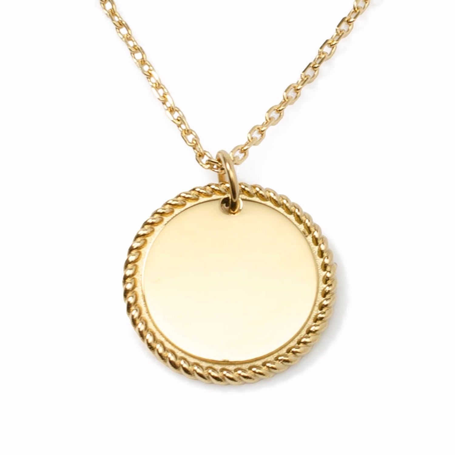 Stainless Steel Gold Engravable Round Rope Edge Pendant Women's Box Chain Necklace