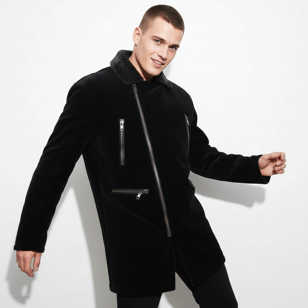 Faux Fur Collar Velvet Jacket BLACK