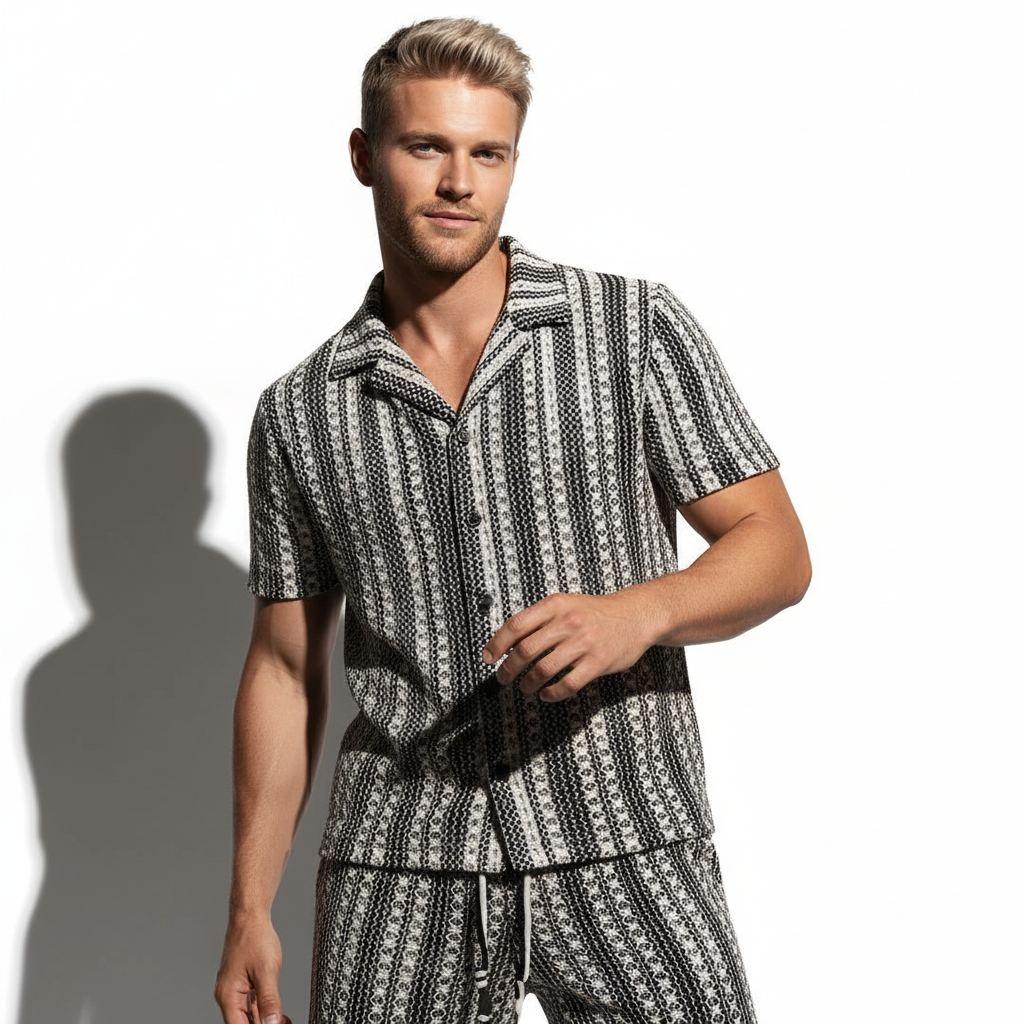 Men’s Vintage-Inspired Textured Striped Set BLACK/WHITE