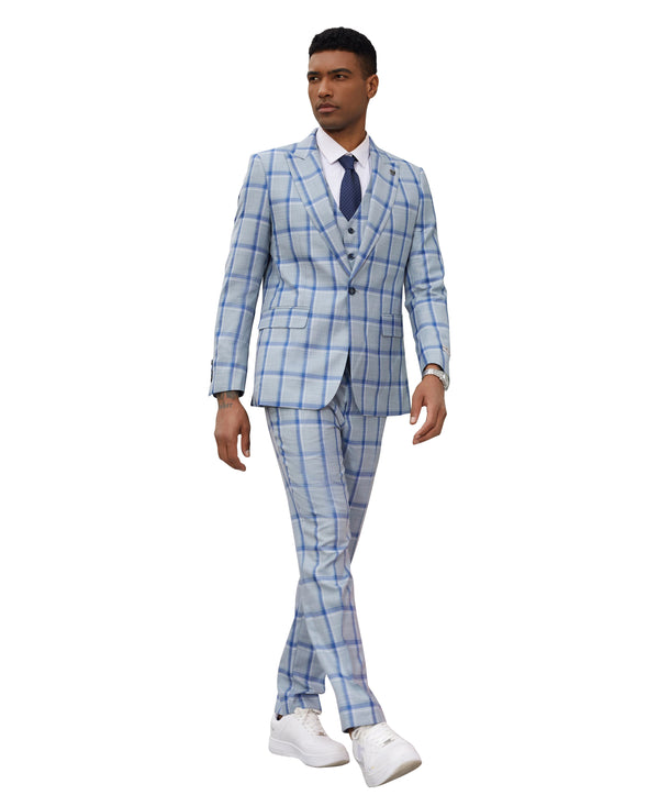 Stacy Adams Hybrid Fit 3-Piece Suit, Plaid Sky Blue