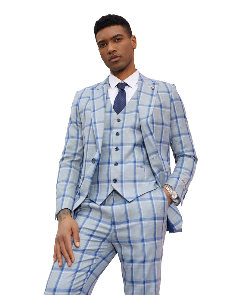 Stacy Adams Hybrid Fit 3-Piece Suit, Plaid Sky Blue