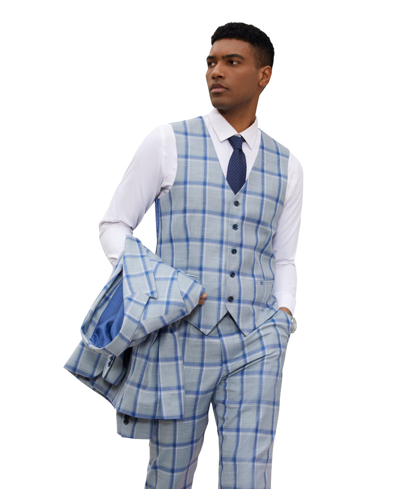 Stacy Adams Hybrid Fit 3-Piece Suit, Plaid Sky Blue