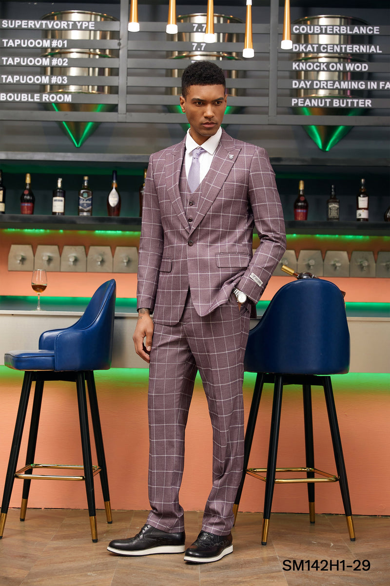 Stacy Adams Hybrid-Fit 3-Piece Vested Suit, Lilac Windowpane