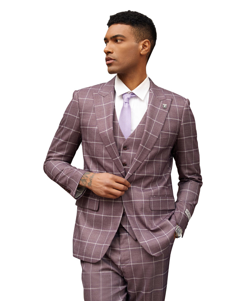 Stacy Adams Hybrid-Fit 3-Piece Vested Suit, Lilac Windowpane